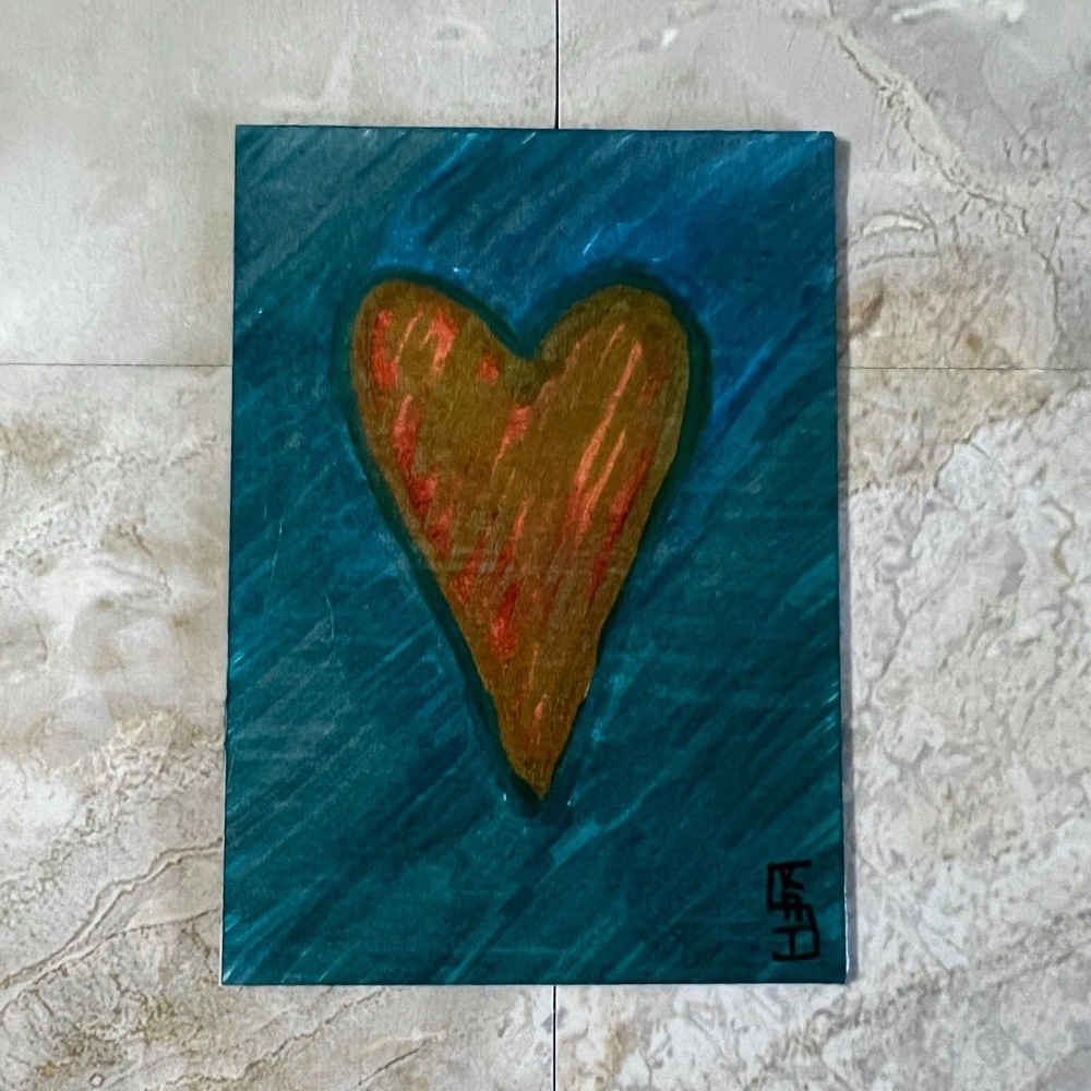 OOAK Original 2.5" x 3.5" Art Magnet - Red and Gold Heart - By Kat Sanders